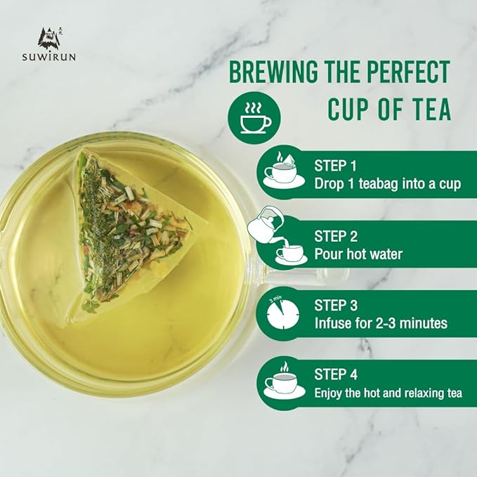 Suwirun Organic Lemongrass & Pandan Tea 25 Bags – Product of Thailand – Aromatic Thai Herbal Blend, Caffeine-Free, No Calories, Natural Fragrance, Brew Hot or Cold