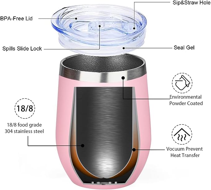 MEZMUT 12oz Insulated Wine Tumbler with Lid Double Wall Vacuum Stainless Steel Wine Glass Coffee Mug Insulated Tumbler Cup for Champaign, Cocktail, Beer (Pink, 1 Pack)
