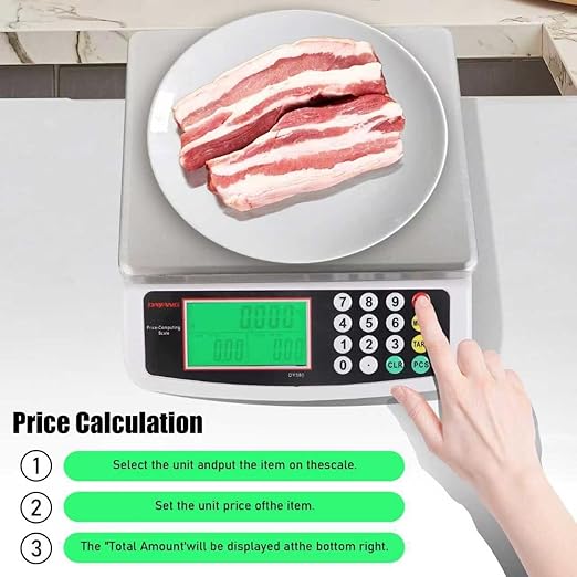 Large Digital Kitchen Scale 30KG Commercial Food Scale 66LB for Baking Bread Meat Stainless Steel Price Computing Scale LCD Display,Prep Counting Scale for Parts and Coins Adapter Included (Black)