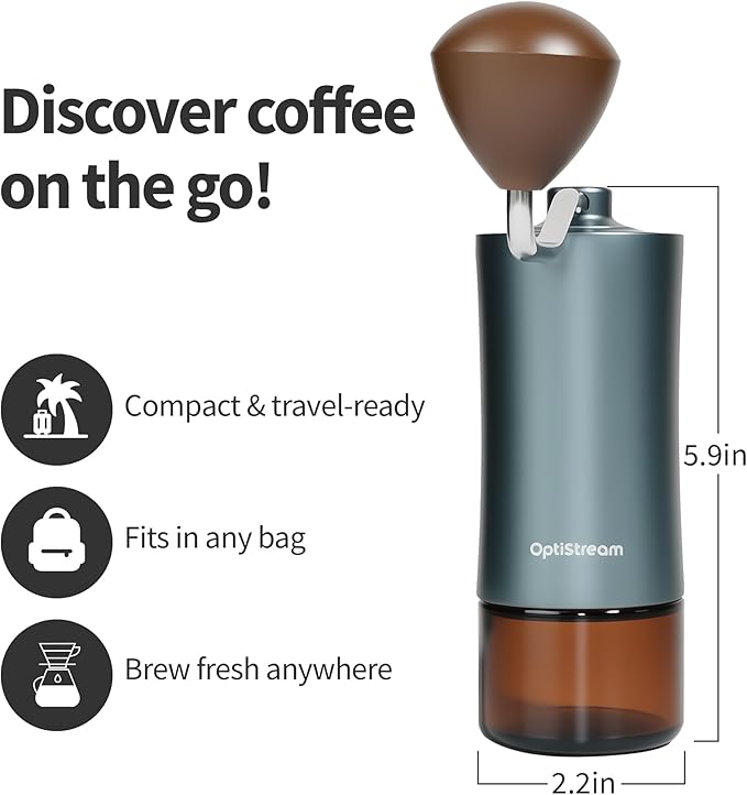 6-Burr Manual Coffee Grinder – Easy-Use CNC420 High-Carbon Steel, Gray Aluminum Body & Glass Jar, 25 g Capacity, Slim design for travel
