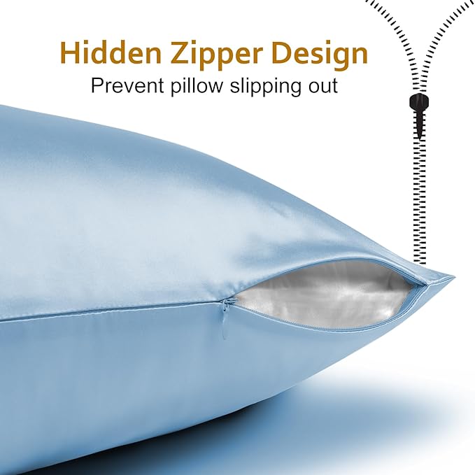 Silk Pillowcase for Hair and Skin with Hidden Zipper, Ravmix Both Sides 21Momme Mulberry Silk Cooling Pillow Case Queen Size 20×30inches, 1PCS, Light Blue