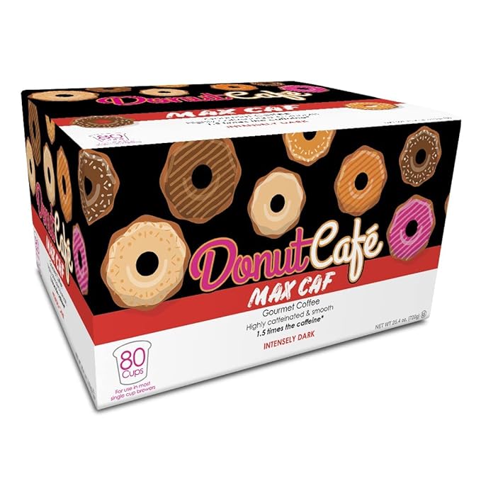 Donut Café Max Caf - Bold & Powerful High Caffeine Intensely Dark Roast Coffee Pods – For Keurig K Cup Brewers – Certified Non-GMO, Gluten-Free, Kosher – 1.5X Caffeine – 80 Count