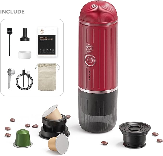Portable Electric Espresso Machine,Travel Coffee Maker for Camping,Car Coffee Maker Self-Heating with USB-C, 12V, With Ground Coffee & NS Capsule for RV, Hiking, Office(Red)