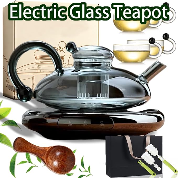 Electric Glass Teapot with Warmer - 20 Oz Glass Electric Tea Kettle with Infuser, 9-Temperature | 1000w Heating Ceramic Stove, TeaPot Set with Infuser for Loos Tea & Coffee (Translucent-with Base)