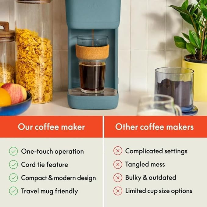 Single-Serve Bella Coffee Maker – Compact 6oz–14oz Brewer for Ground Coffee or Pods, One-Touch Operation, Adjustable Drip Tray, 35oz Water Tank, Travel Mug Friendly, Dishwasher-Safe Parts (Surf)