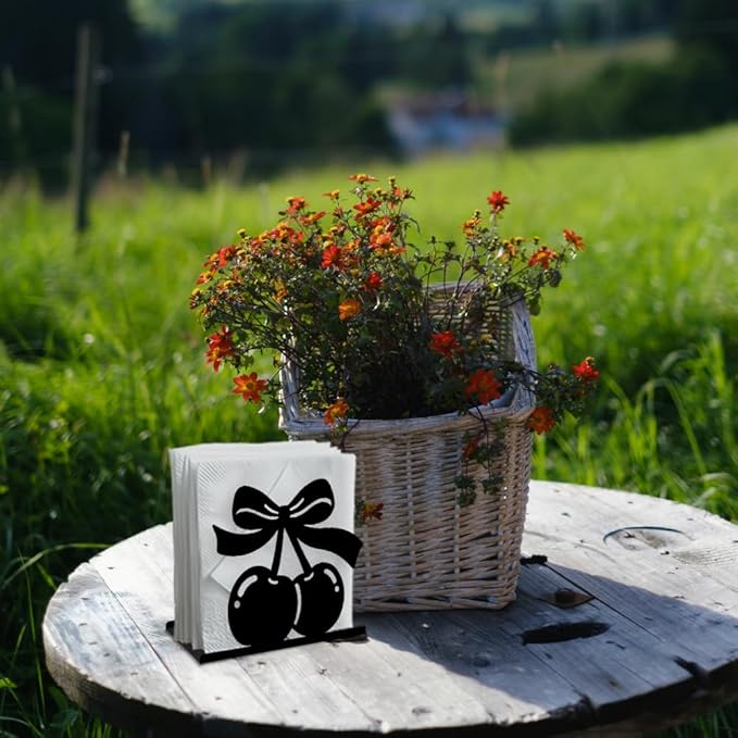 Cherry Decorative Black Metal Napkin Holder for Table, 5.3" x 4.5" x 1.9" Cherry Fruit Standing Napkin Holder for Home Kitchen Restaurant Picnic Party Coffee Bar Dining Room