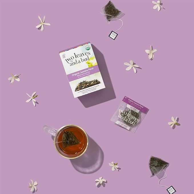 Two Leaves and a Bud Jasmine Green Tea Bags, 15 Count (Pack of 1) Whole Leaf Green Tea in Pyramid Sachet Bags, Compostable Sachets