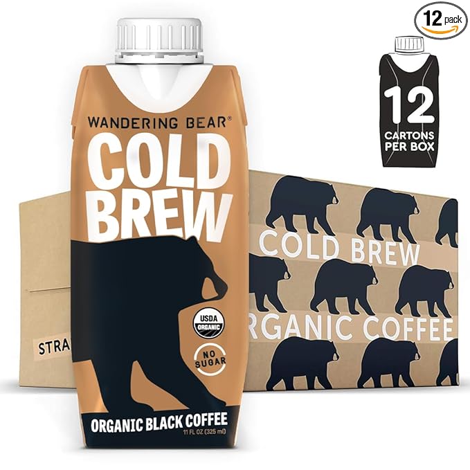 Wandering Bear Straight Black Organic Cold Brew Coffee On-the-Go - Extra Strong, Bold, Smooth, Unsweetened, Shelf-Stable, Ready to Drink, 100% Organic Iced Cold Brewed Coffee Drink -11 fl oz, 12 pack