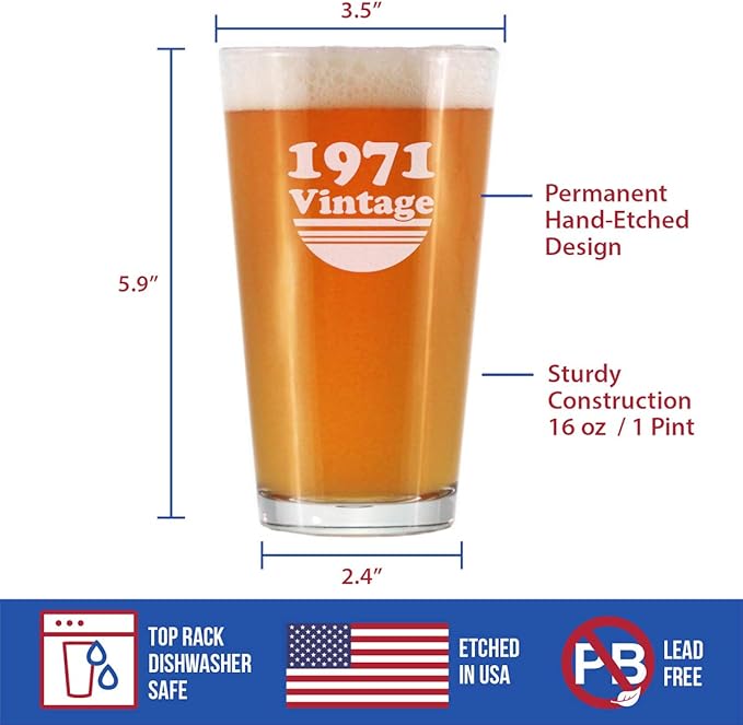 Vintage 1971 Pint Glass for Beer - 54th Birthday Gifts for Men or Women Turning 54 - Fun Bday Party Decor - 16 oz