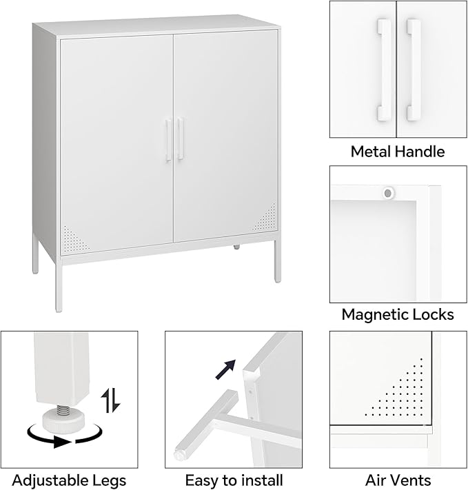 Metal Storage Cabinet with Adjustable Shelves, Steel Buffet Sideboard for Entryway, Living Room, Dining Room, Kitchen, Office, Bar (White, 31.5" D x 15.75" W x 35.43" H)