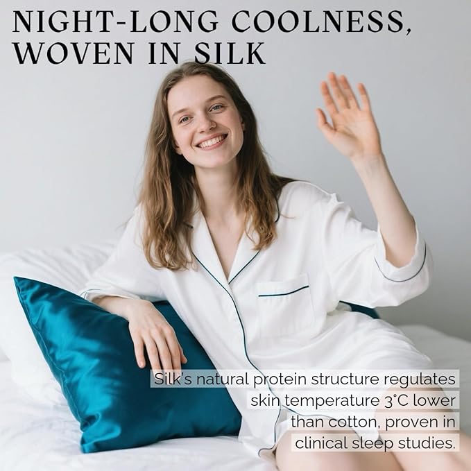 Ravmix Silk Pillow Cases with Zipper, 21momme Mulberry Silk Pillowcase for Hair Skin Health, Soft Smooth Breathable Cool Pillow Cover for Beauty Sleep with Gift Box 1PC(Standard 20"x26", Peacock Blue)
