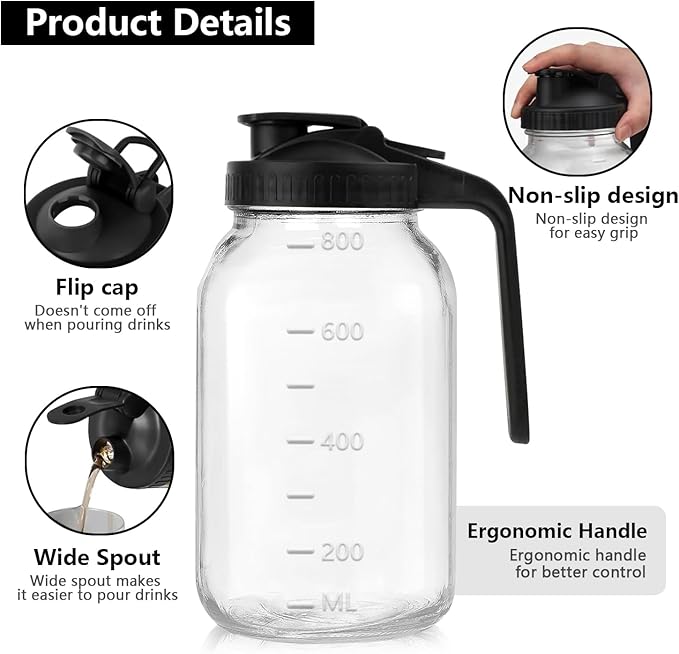 Glass Pitcher with Lid, 32 oz Glass Mason Jar Pitcher with Lid, Heavy Duty Wide Mouth Jar with Lid,Heavy Duty Container for Sun Tea, Juice, Cold Brew Coffee, Breastmilk Storage (Black)