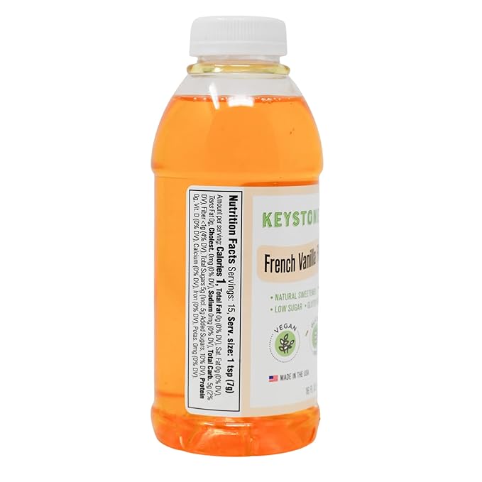 Keystone Pantry French Vanilla Flavored Syrup 1 pint bottle Natural Sweetener, Low Sugar, Gluten Free, Vegan, GMO Free, Kosher parve
