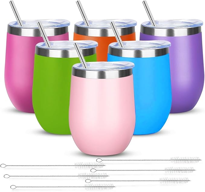 12oz/6 Pack Wine Tumbler Glasses with Lid Stemless Double Wall Vacuum Stainless Steel Travel Tumbler Keeping Cold & Hot for Wine,Coffee,Cocktails,Christmas Drinks-Family and Gifts