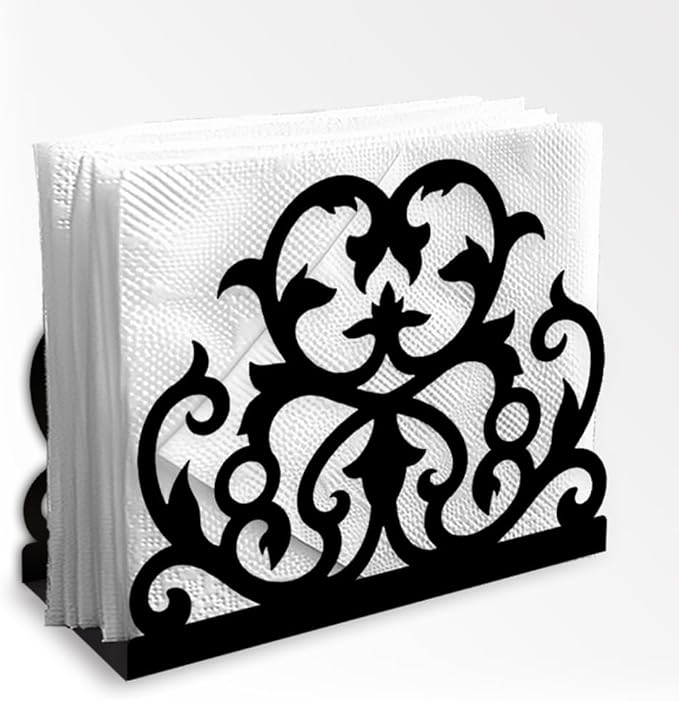 Damask Scrollwork Decorative Black Metal Napkin Holder for Table, 4.9" x 4.3" x 1.9" Scrollwork Standing Napkin Holder for Home Kitchen Restaurant Picnic Party Coffee Bar Dining Room