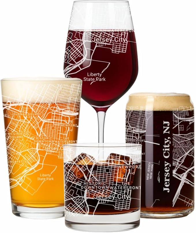 Blue Ridge Mountain Gifts - Jersey City Souvenir - New Jersey Glassware Gift, Etched City Map, Laser Engraved and Dishwasher Safe
