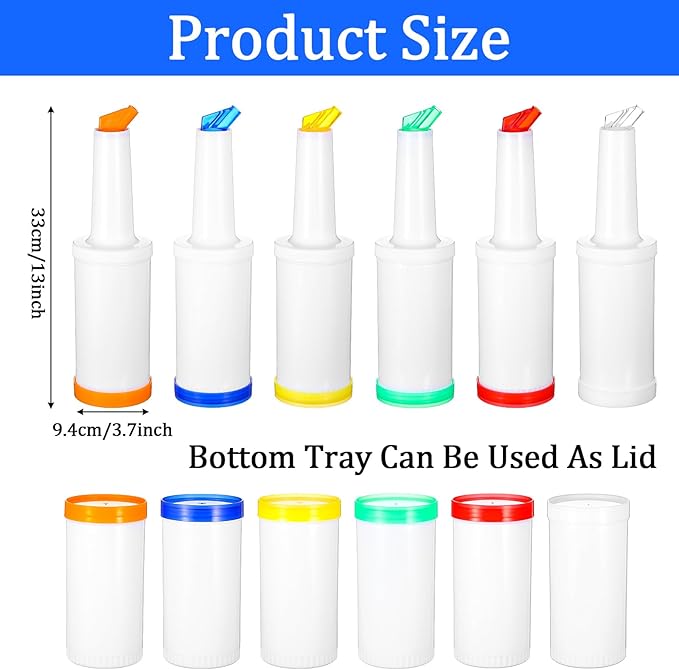 6-Piece Professional Bar Juice Pour Bottles Set - 0.9 Quart Juice Pourers for Bartending, Store and Pour Containers for Bar with Leakproof Spouts (Multicolor, 3.7x13 Inch, PP Plastic)