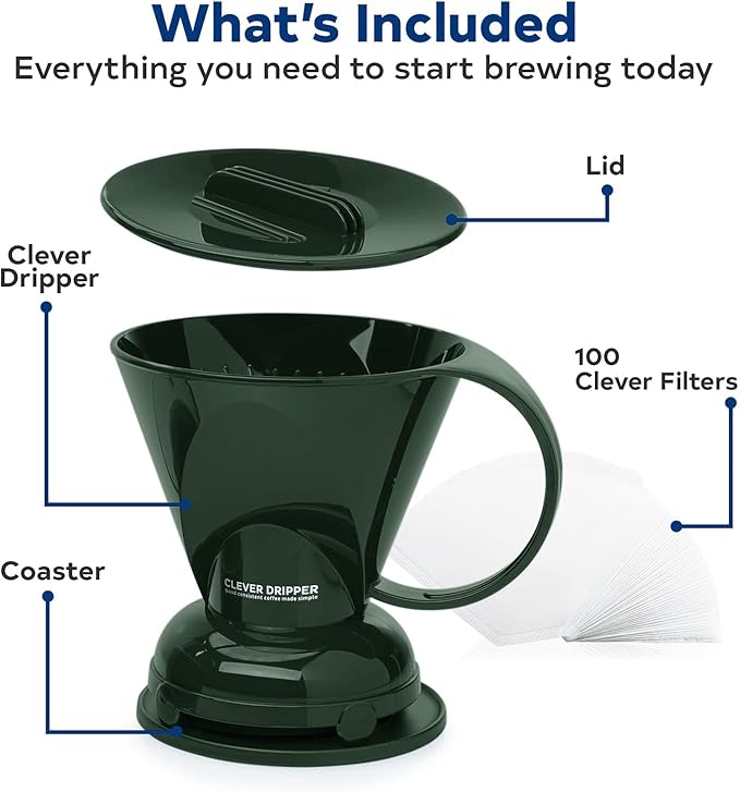 Clever Coffee Dripper and Filters, Large 18 oz| Barista's Choice| Safe BPA Free Plastic|Includes 100 Filters (Dark Green)