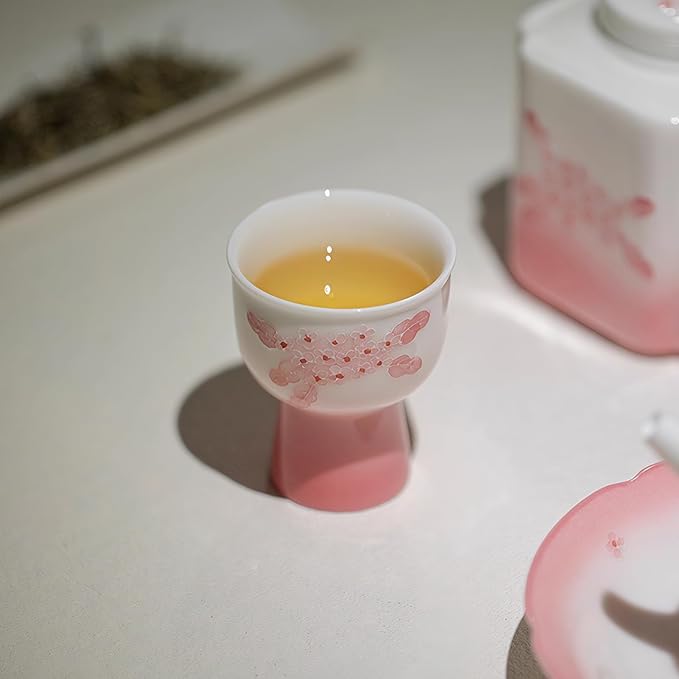 KAMMAK Tea Cup, 2oz Small Tea Cups, Porcelain Tea Cups Set with Short Stem, Cute Ceramic Teacups for Home, Party, Office, Chinese Kungfu Tea Set for Hot/Cold Drink (Pink Pile Flowe)