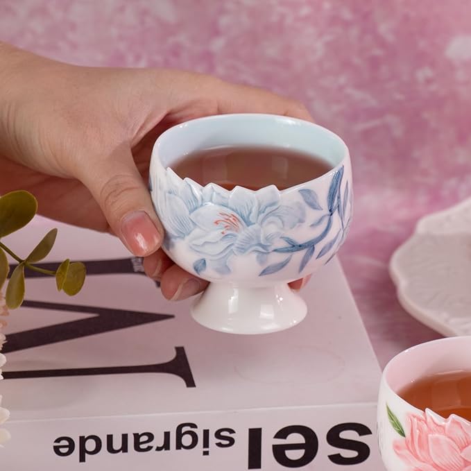 KAMMAK Tea Cup, 3.2oz Small Tea Cups Set of 2, Red and Blue Floral Porcelain Tea Cup Set, Ceramic Teacups for Home, Party, Office, Chinese Kungfu Tea Set for Hot/Cold Drink, Qingji Jade Clay