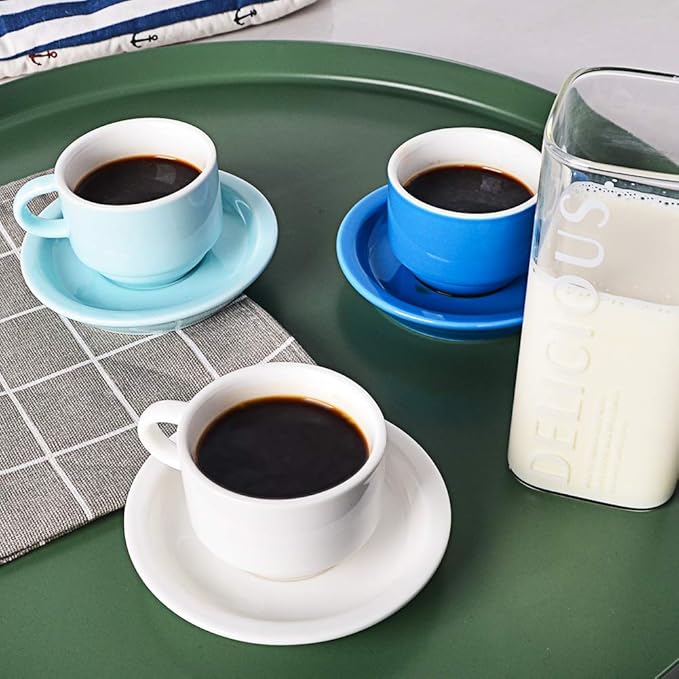 Sweejar Porcelain Espresso Cup & Saucer Set, Stackable Demitasse Cups with Metal Stand, 2.5 OZ for Latte,Coffee,Cafe Mocha,Tea, Set of 6(Blue)