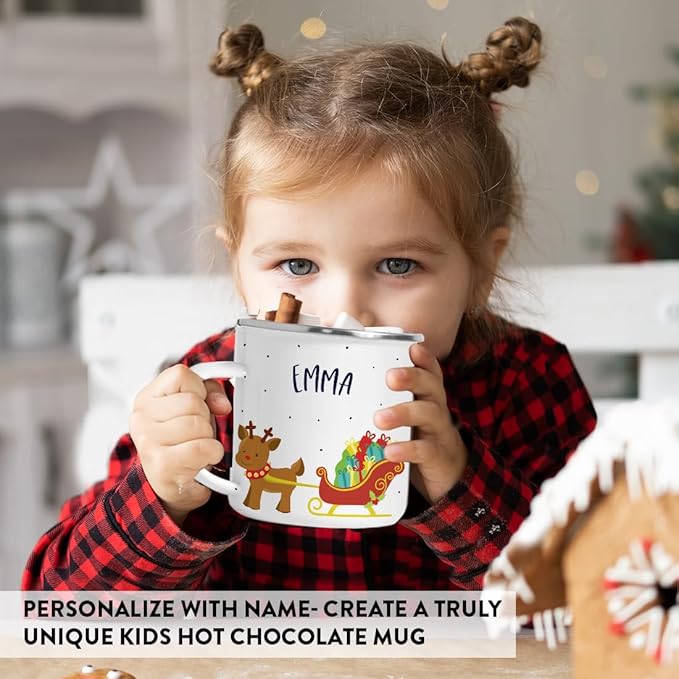 Andaz Press Personalized Name 11oz. Kids Christmas Hot Chocolate Stainless Steel Campfire Coffee Mug Adorable Rudolph Reindeer Sleigh, 1-Pack Custom Birthday Xmas Cup Hot Cocoa Mugs Christmas Mug Kids