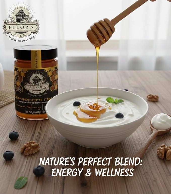 Ellora Farms Single Estate PDO Raw Greek Honey, Pine & Thyme Raw Honey Unfiltered, Beautiful Gift Pack with Dipper, Beekeepers Reserve, Pure Raw & Unfiltered Cold-Pressed, Gluten Free - 450 g