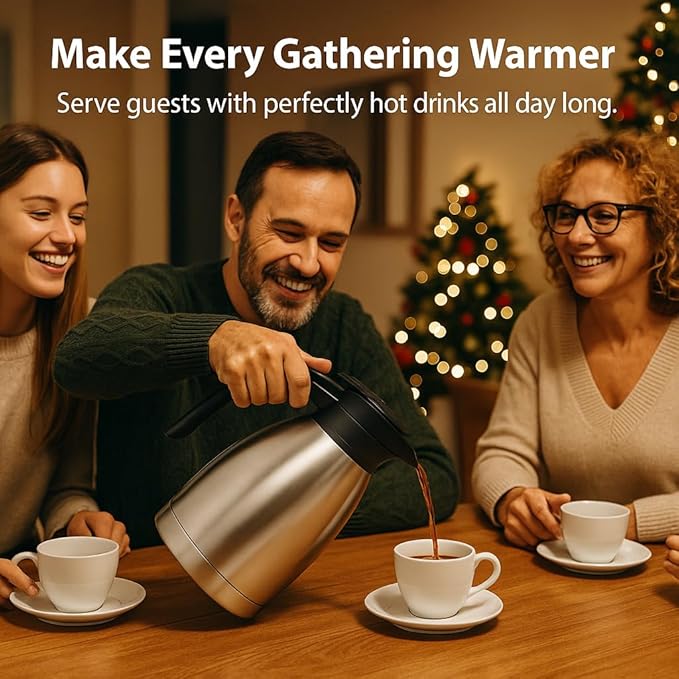 Heritage66 2L Thermal Coffee Carafe with Cleaning Brush – Triple-Wall Vacuum Insulated Stainless Steel Server, Keeps Drinks Hot 12 Hours/Cold 24 Hours, Leak-Proof Lid for Coffee, Tea & Water