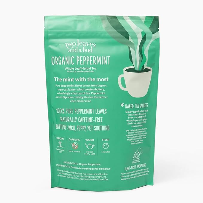 Two Leaves and a Bud Organic Peppermint - 50 Naked Tea Sachets, Naturally Caffeine Free, Whole Leaf Herbal Tea in Eco-Friendly Unwrapped Compostable Sachets, Resealable Bag, 50 Count (Pack of 1)