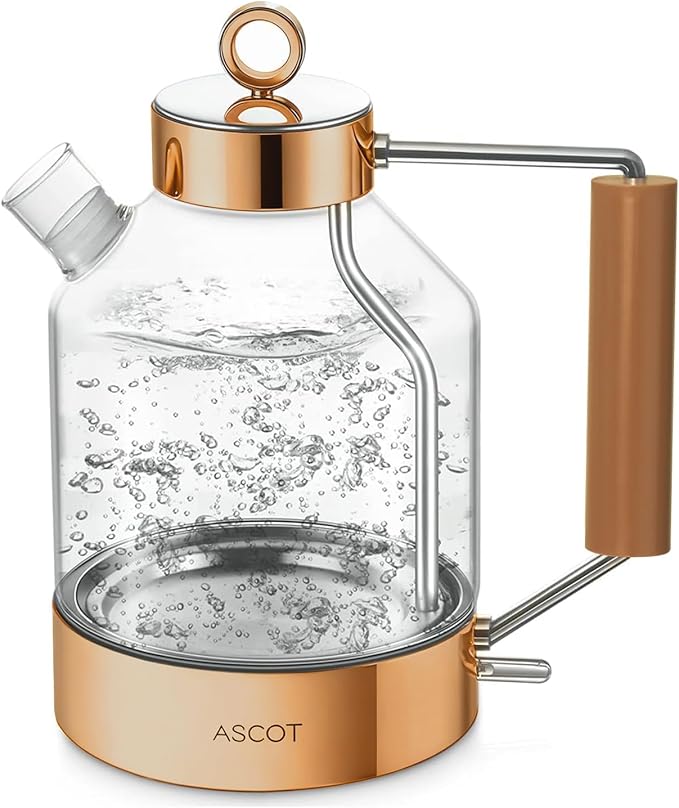 Electric Kettle, ASCOT Glass Electric Tea Kettle 1.5L 1500W Retro Tea Heater & Hot Water Boiler, No Plastic, BPA-Free, Cordless, with Auto Shut-Off and Boil-Dry Protection (Rose Gold）