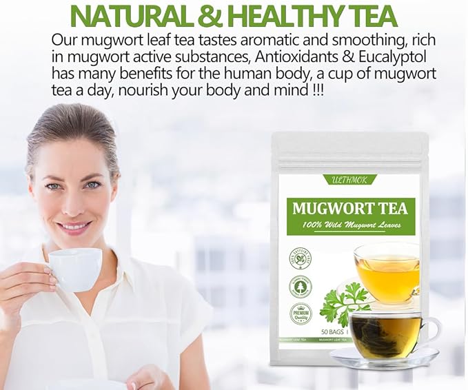 Premium 50 Mugwort Tea Bags, Made with 100% Pure Mugwort Tender Leaves, No Additives & Caffeine Free.