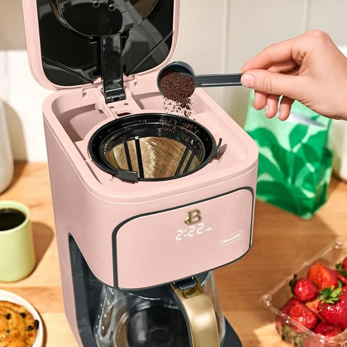 Beautiful 12-Cup Programmable Coffee Maker with Touch-Activated Display, Auto Brew Timer, Reusable Filter & Large Glass Carafe (Rose)