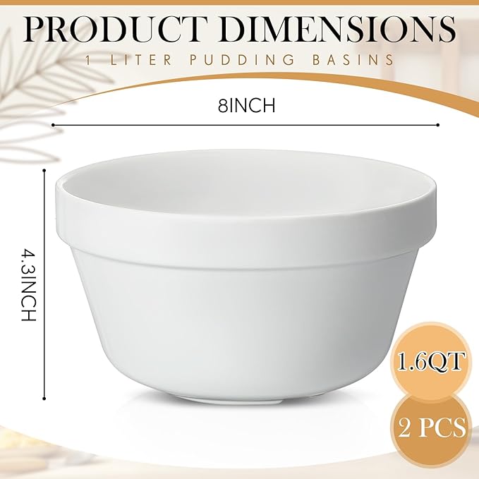 2 Pieces Ceramic 1.6qt Pudding Basins White 8 Inch Christmas Pudding Mold Bowls for Steaming Ovenproof Durable and Sturdy Porcelain Steamed Plum Puddings Bowl Basin, Easy to Clean