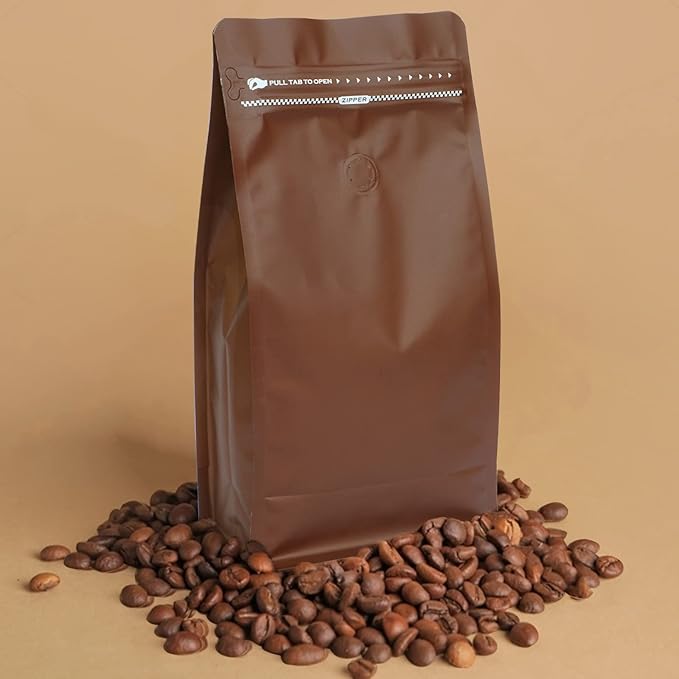 REMTAP Coffee Bags with Valve(50pcs,16 oz) Brown High Barrier Aluminumed Foil Flat Bottom Standing Coffee Beans Storage Bags,Reusable Heat Sealable Side Zipper Pouches for Home or Store