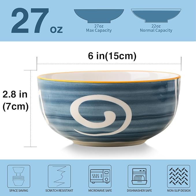 Yeacccng Cereal Bowls Set of 4, 27 Oz Ceramic Soup Bowls, 6 Inch Japanese Ramen Bowl, Decorative Serving Bowls for Kitchen Decor, Scratch-Resistant, Lead-Free, Dishwasher & Microwave Safe, Easy Clean