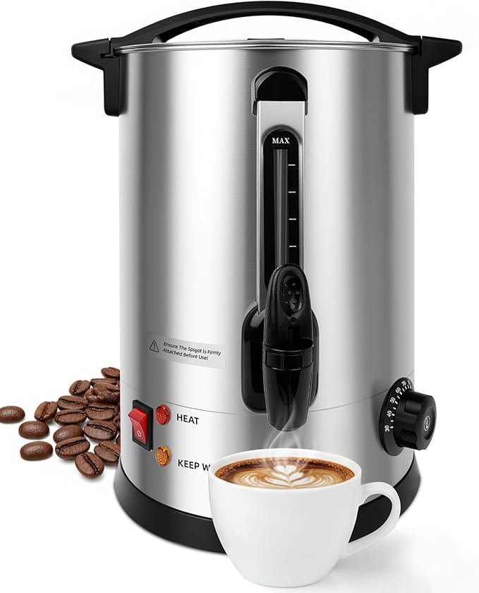 Commercial Coffee Urn, 100 Cup Coffee Maker and Hot Water Urn, 1500W Fast-Brewing Percolator for Business, Parties, Catering, and Large Gatherings (100 Cups)