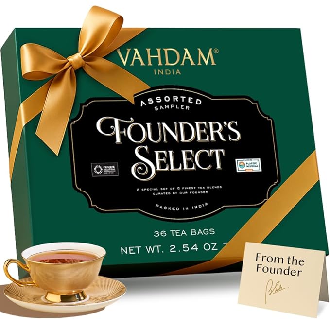 VAHDAM, Founder's Select Assorted Tea Gift Set (6 Variety, 36 Tea Bags) - Premium Gift Box | Individually Wrapped Pyramid Teabags | Christmas Tea Gifts for Women and Men