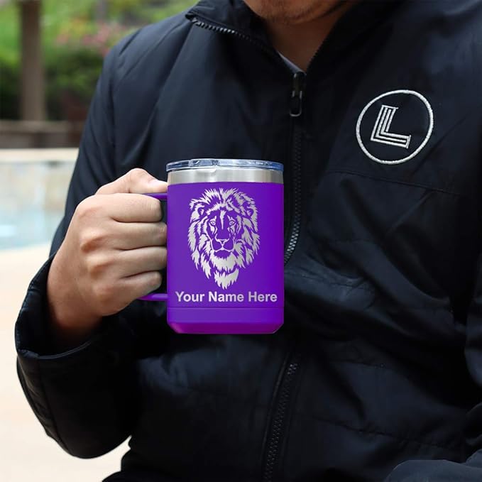 LaserGram 15oz Vacuum Insulated Coffee Mug, Tiki Statue, Personalized Engraving Included (Dark Purple)