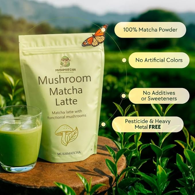 Mushmatcha Mushroom Matcha Latte Powder - Ceremonial Grade Organic Matcha Green Tea with Adaptogenic Mushrooms - Vegan Superfood Drink for Focus & Natural Energy - No Additives, 100% Natural - 100g