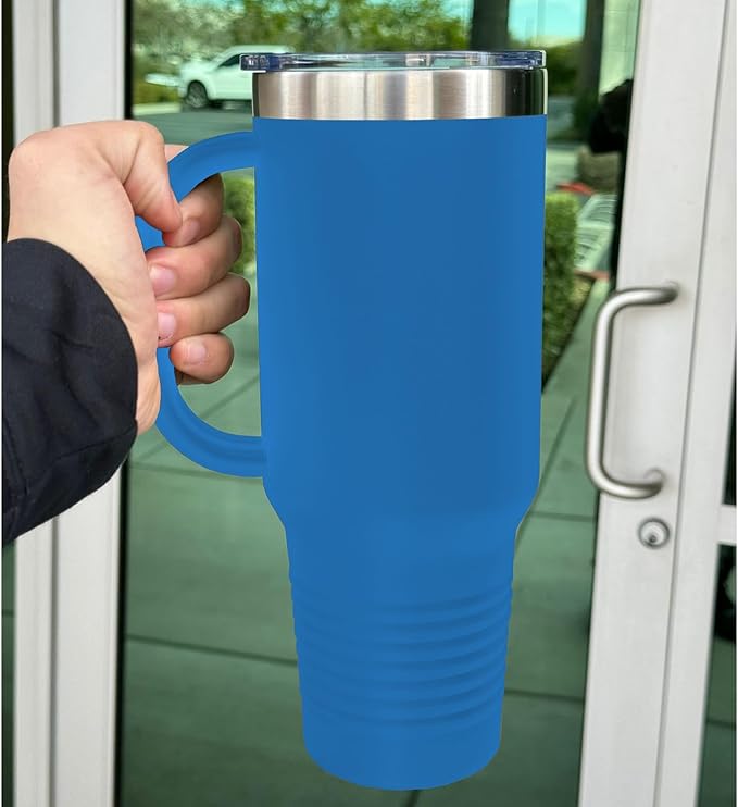 LaserGram 40oz Vacuum Insulated Travel Mug with Handle, Tiki Statue, Personalized Engraving Included (Dark Blue)