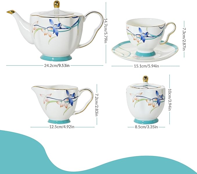ACMLIFE Tea Cups and Saucers for 1, Bone China Teacup Set for Adults with Gold Trim and Gift Box, Blue and White Chinese English British Wedding Tea Set for One Coffee Cup Set 6.8 oz (Blue-Bamboo)