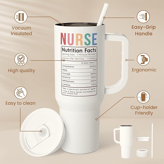 SANDJEST Nurse Tumbler with Handle 40oz, Stainless Steel Tumblers Coffee Travel Mug Cups with Straw, Nurses Appreciation Gifts for Women Female, Nursing Gift for Birthday Christmas Nurse's Week