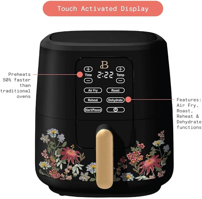 Beautiful by Drew Barrymore 6-Quart Digital Air Fryer, TurboCrisp Technology, Touch-Activated Display, 1750W, 90–400°F, Dishwasher-Safe Basket (BLACK WILDFLOWER)