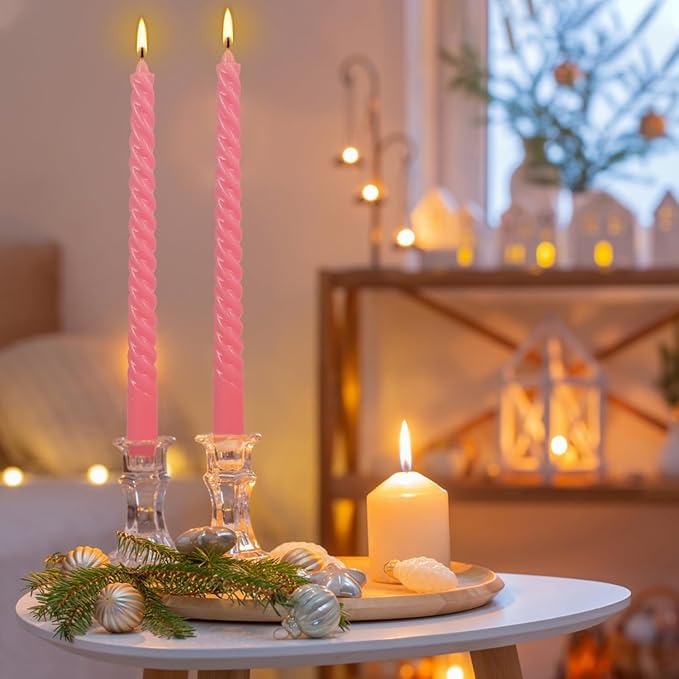 10 Inch Pink Spiral Taper Candle Set of 12 Pack Unscented Dripless Candlesticks for Valentine's Day,Dinner,Party,Brithday,Wedding,Christmas,and Home Decoration