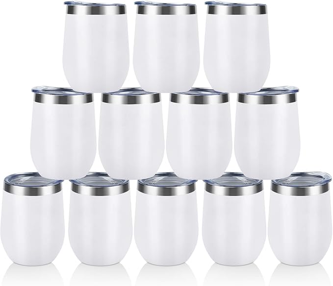 12 Pack Stainless Steel Wine Tumblers, 12Oz Double Wall Vacuum Insulated Wine Tumblers with Lids and Straws, Stainless Steel Stemless Wine Glasses for Coffee, Wine, Cocktails, Champaign, White…