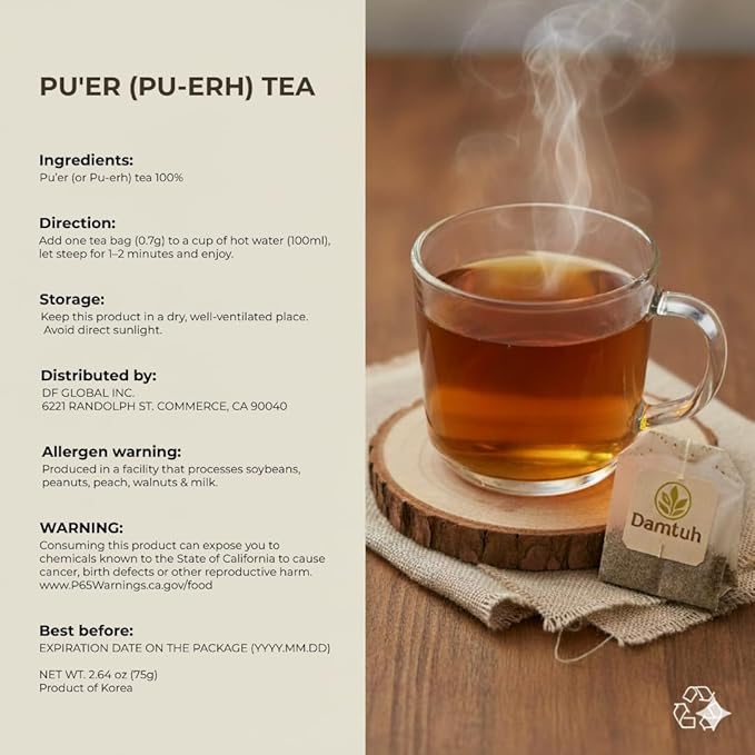 Damtuh Korean Pu-erh Tea – Aged & Smooth Dark Tea, Full-Bodied Earthy Flavor – 50 Tea Bags (0.7g each)