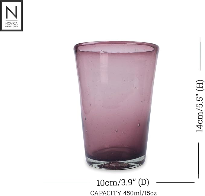 NOVICA Artisan Handblown Recycled Ecofriendly Tall Tumblers Purple Glass Drinkware Set 6 Mexico Tableware Glasses Water Hollywood Glam [ 5.5in H x 3.9in Diam. 15 Oz.] ' Amethyst' Set of 6