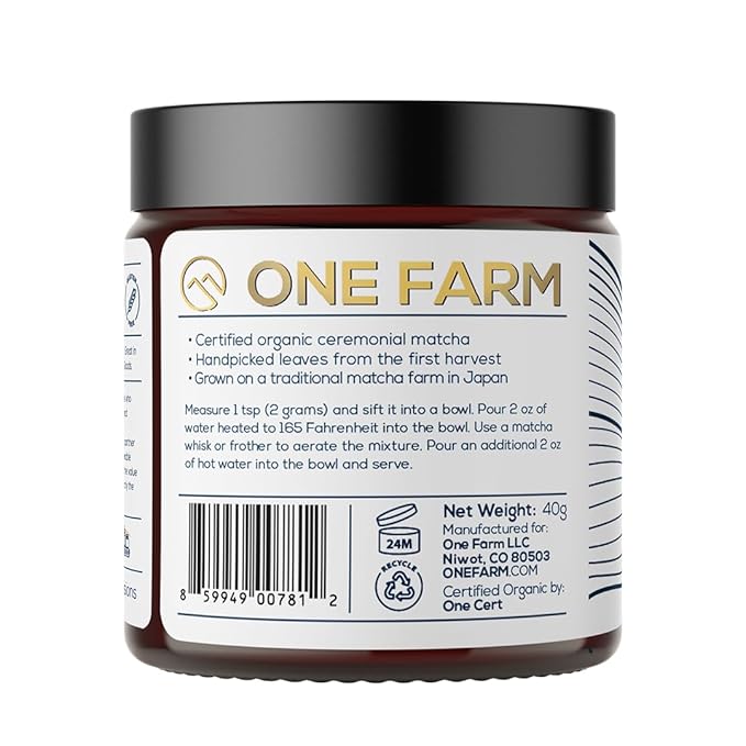 One Farm by WAAYB Organic Ceremonial Matcha Powder, 20 Servings, Single Estate Green Tea Powder, Non-GMO, Fair-Trade, Vegan, Gluten Free, Clean Energy and Focus in a Resealable Glass Jar