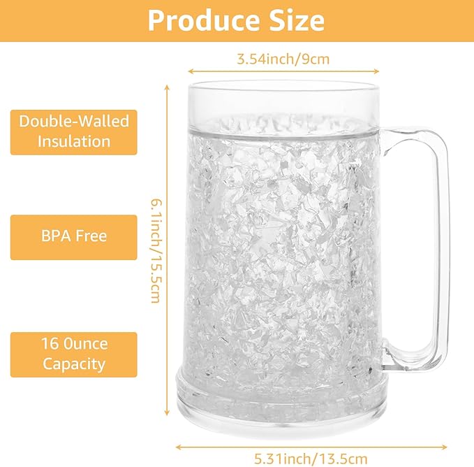 4 Pack Freezer Mugs for Beer 15oz, Double Wall Frozen Beer Mug, Freezer Cups for Drinks, Insulated Plastic Mugs with Handles