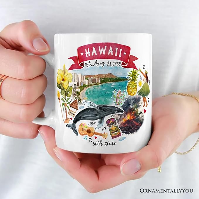 OrnamentallyYou State Travel Landmark Mugs – 12 oz Ceramic Coffee Cups, U.S. Souvenir Gift for Tourists (Artistic Hawaii State Themes and Landmarks Mug)